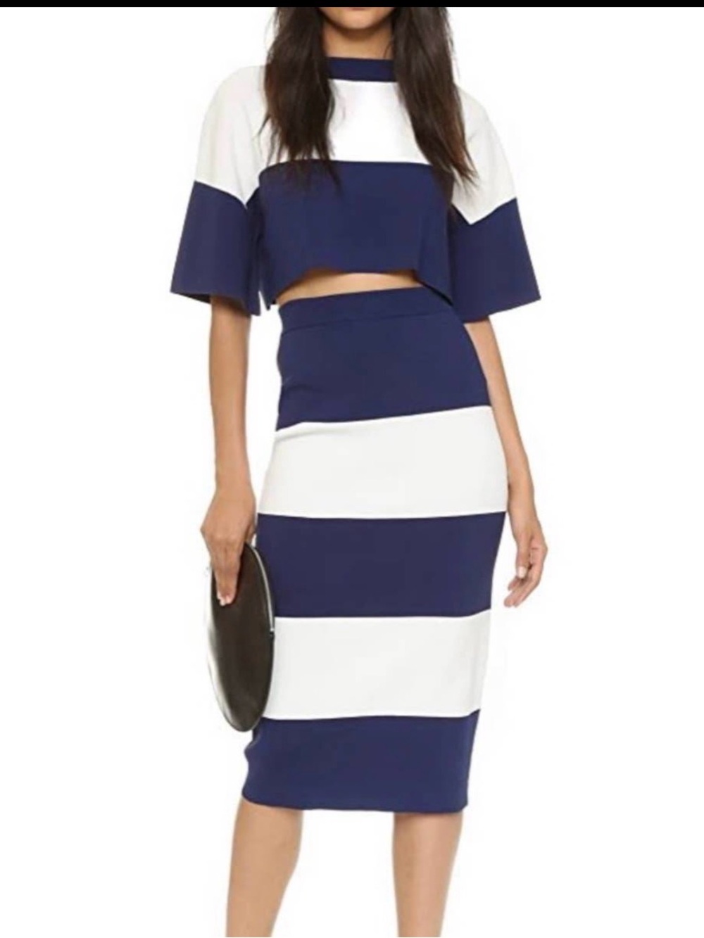 Kendall & Kylie Navy and White Striped Midi Skirt & top